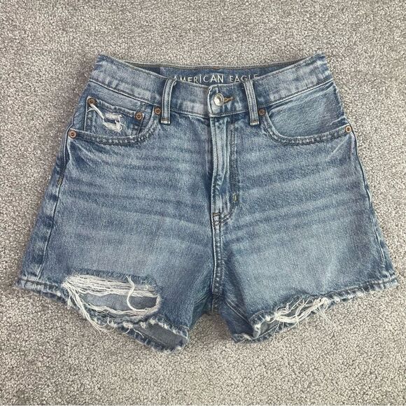 American Eagle 90's Boyfriend Denim Shorts Women's 00 Blue High Rise Ripped - Picture 1 of 9